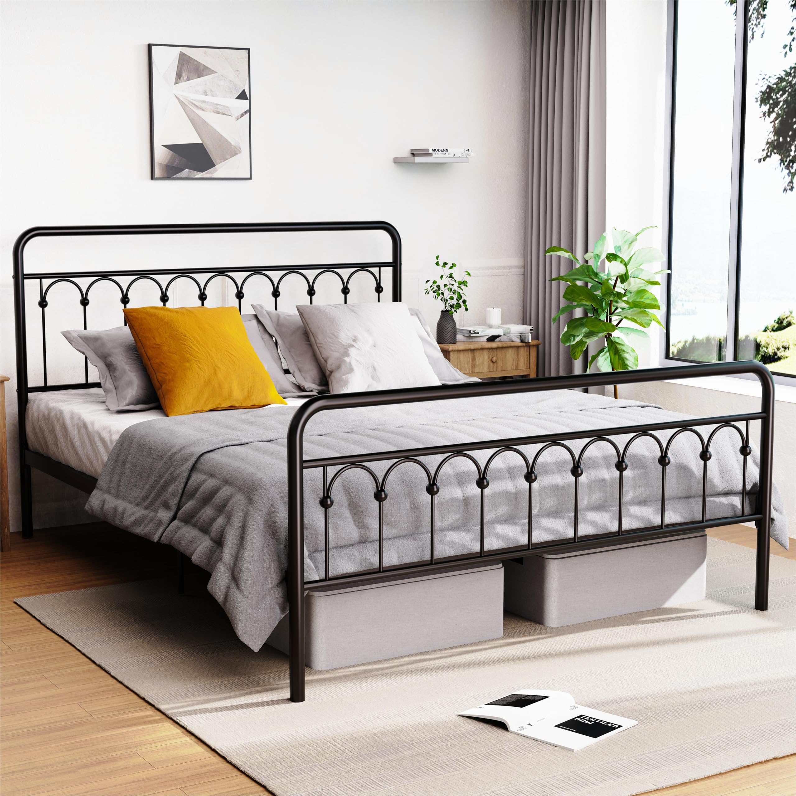 Vintage Queen Metal Bed Frame with Headboard and Footboard Platform