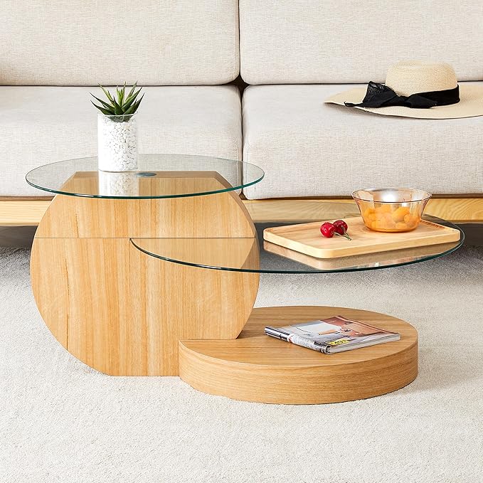 3-Tier Glass Coffee Table, Modern Round Coffee Tables, Circle Wood Coffee Table