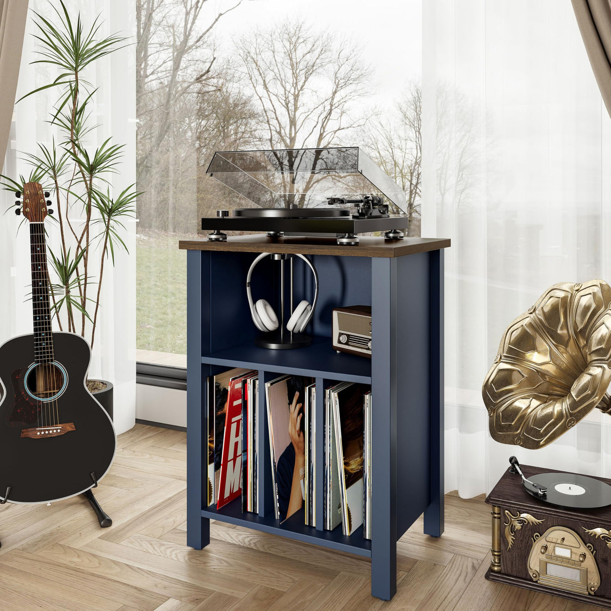 Record Player Stand, Vinyl Record Storage Table End Table with Display Shelf Holds up to 130 Albums