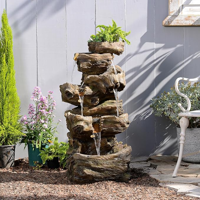 Wood Waterfall Fountain Outdoor 5 Tiers Large Cascading Rock Waterfall Outdoor