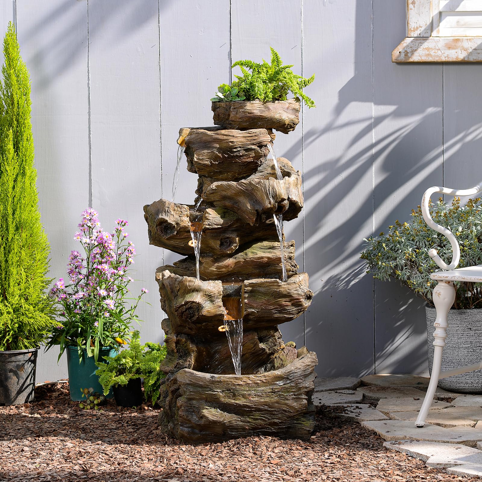 Wood Waterfall Fountain Outdoor 5 Tiers Large Cascading Rock Waterfall Outdoor