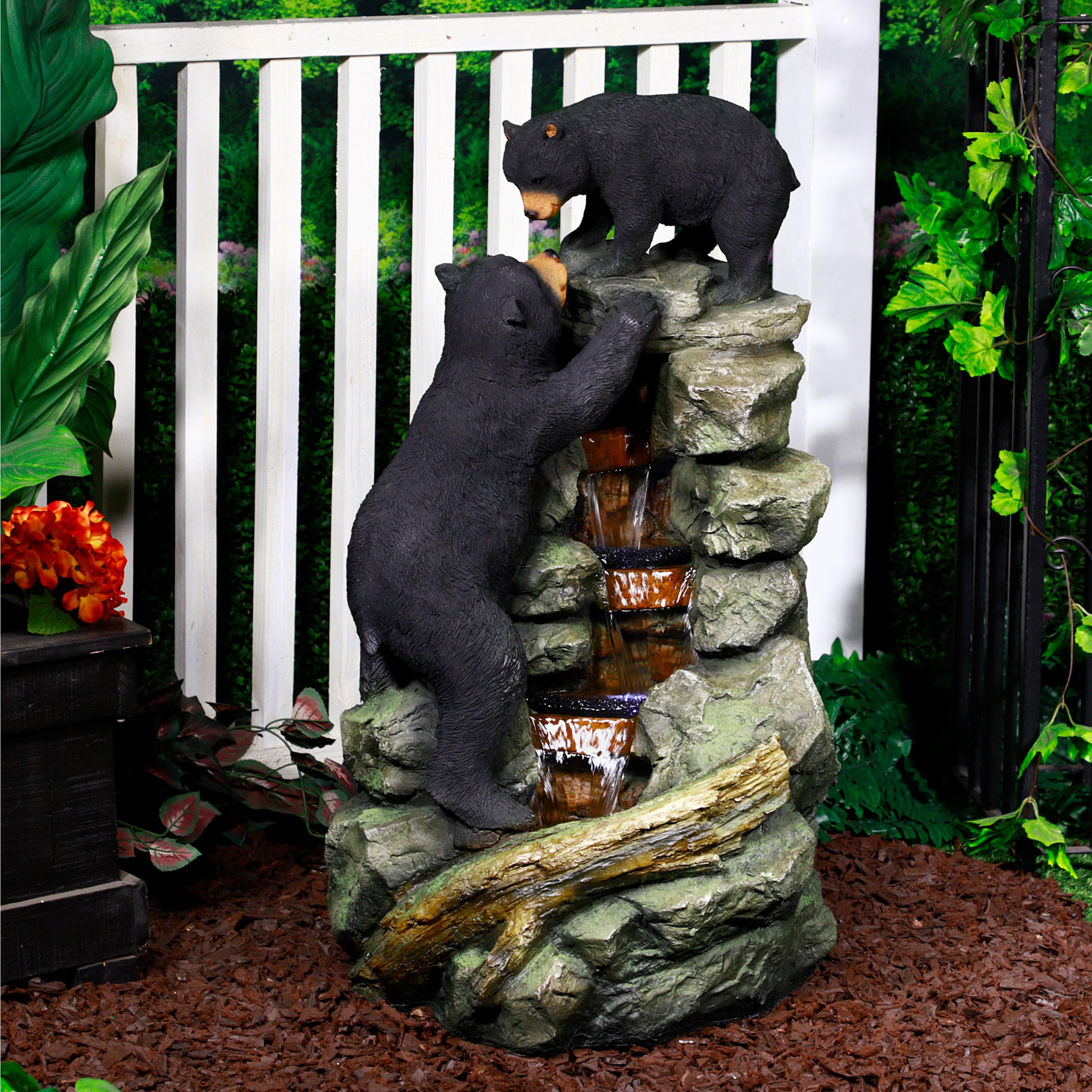 TZL178 36" Indoor/Outdoor 2 Bears Climbing Rainforest Water Fountain with LED Lights