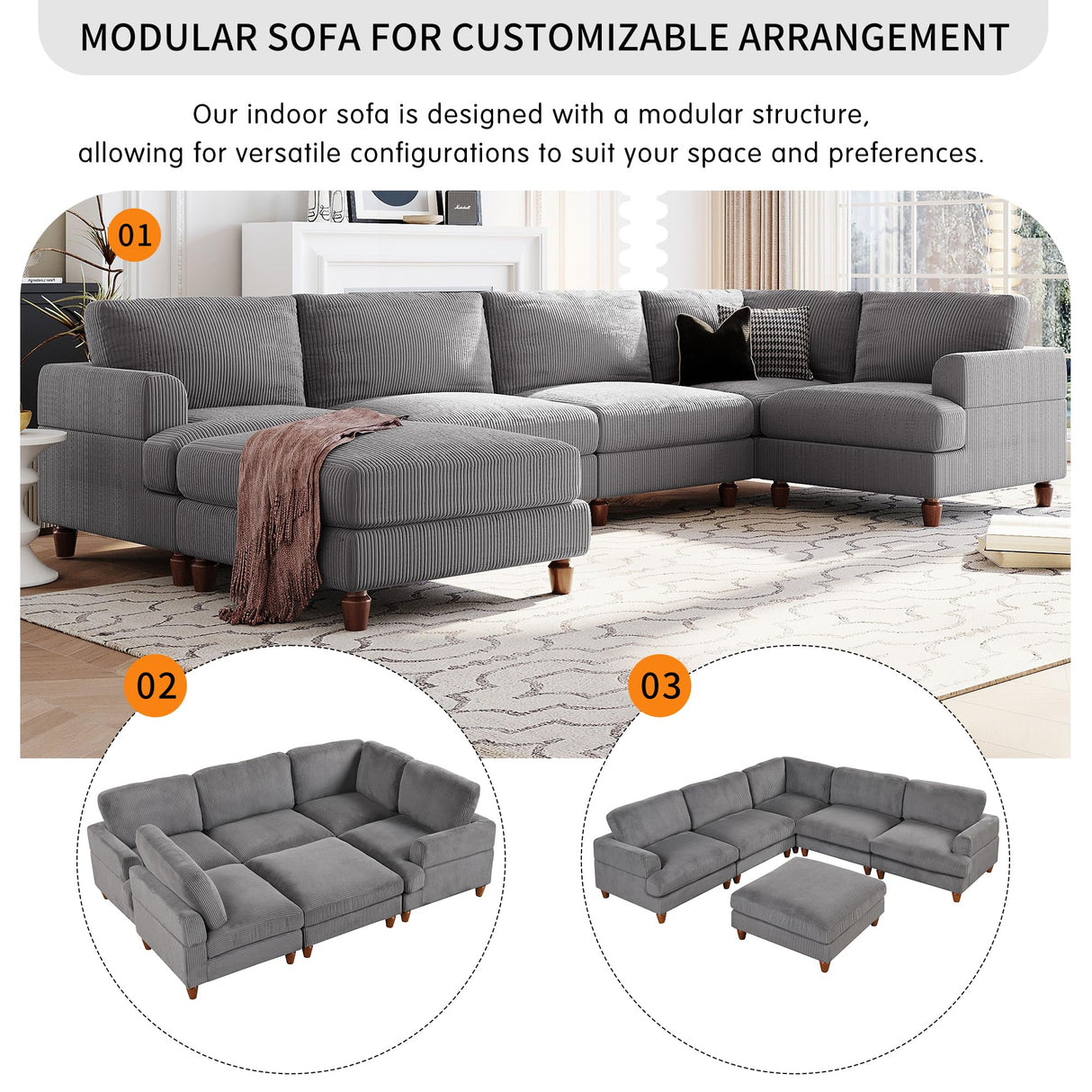 Corduroy Fabric Couch with Ottoman, L Shaped Sectional Sofa, 98" L Modular Corner