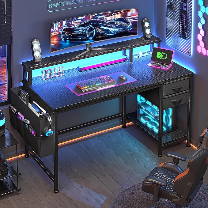 48" Computer Desk with LED Strip, Gaming Desk with Drawers & Storage Bag