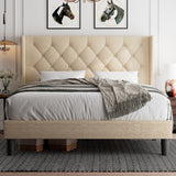 Queen Size Upholstered Platform Bed Frame, Wingback Bed Frame with Diamond Button