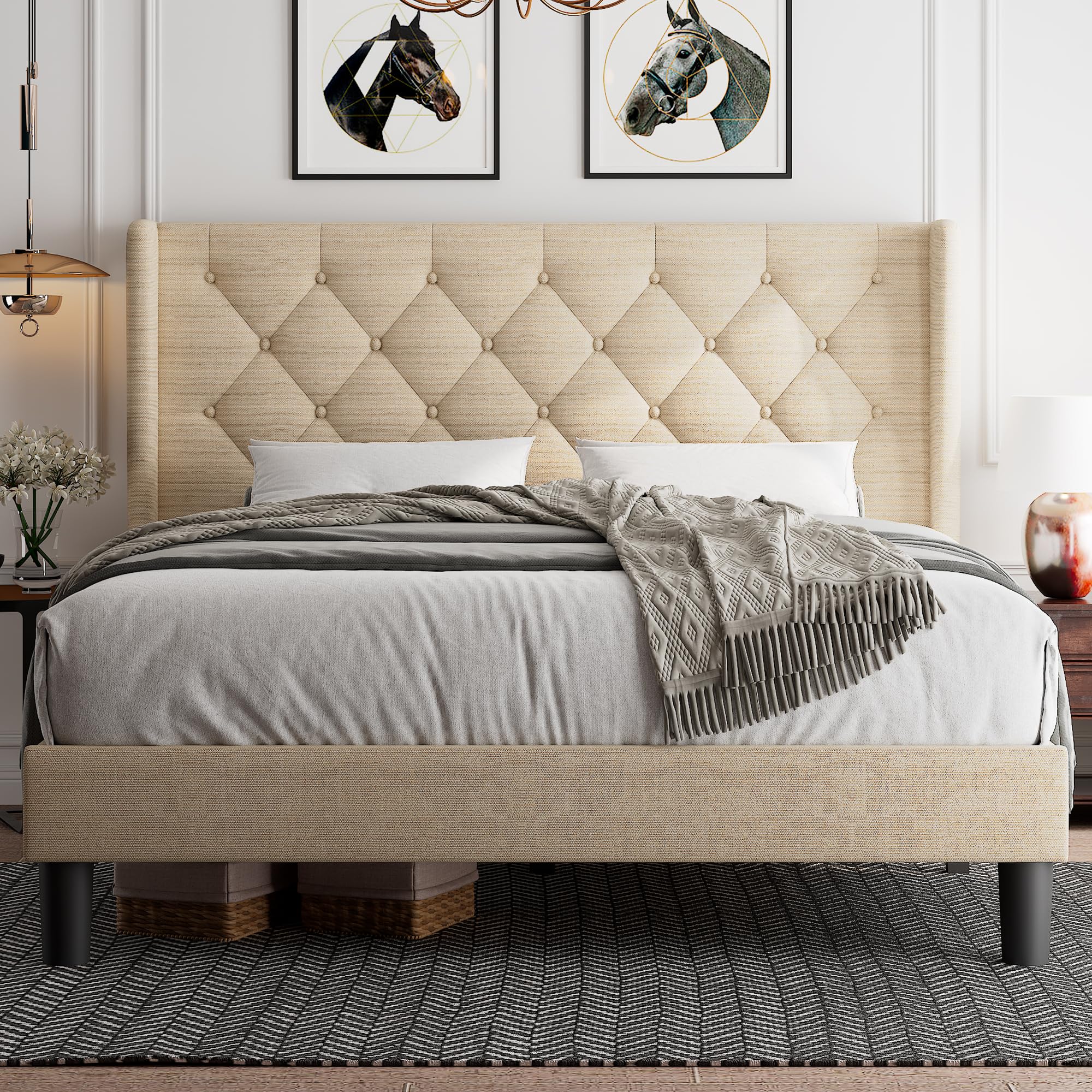 Queen Size Upholstered Platform Bed Frame, Wingback Bed Frame