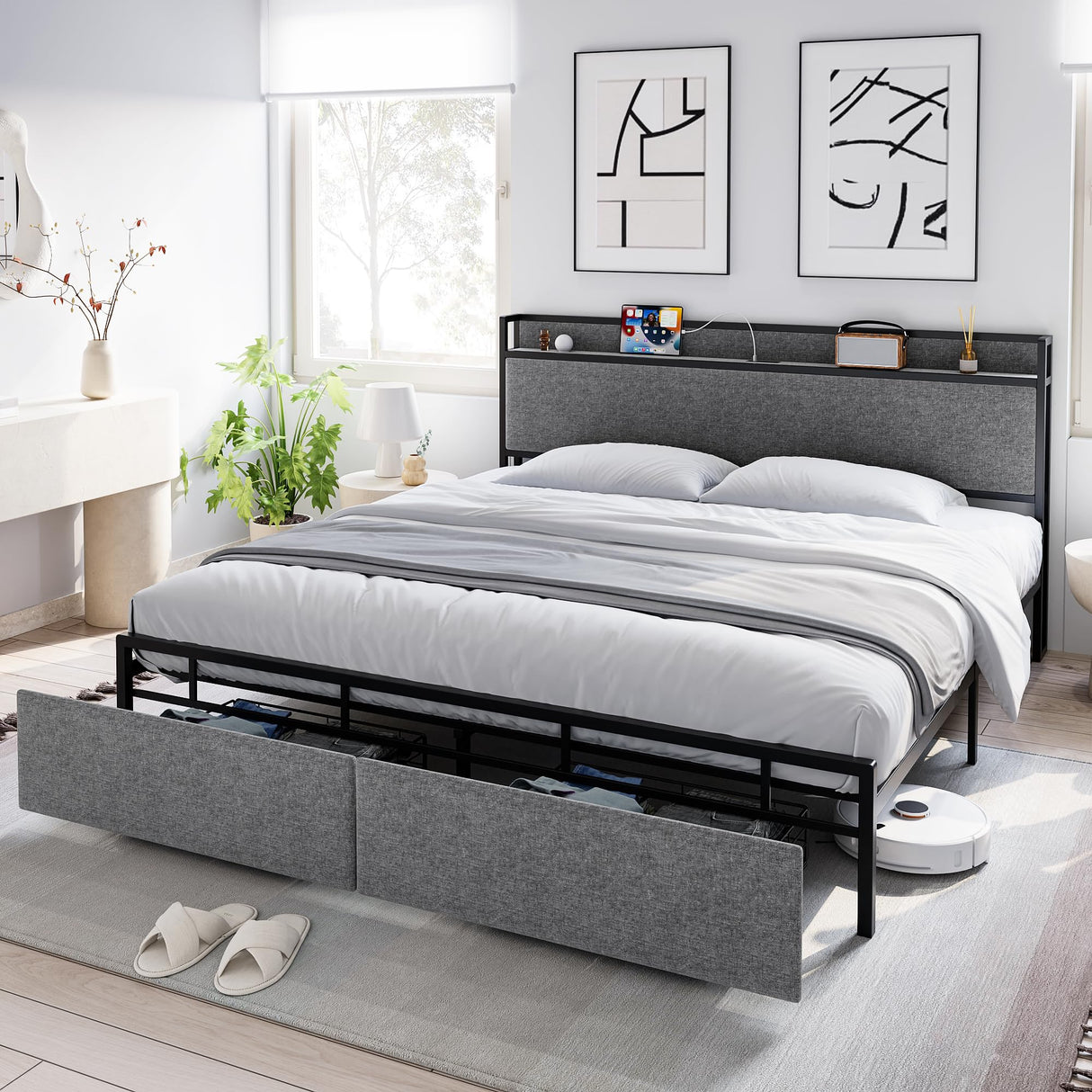 Queen Size Bed Frame with 2 Storage Drawers, Lined Fabric Upholstered Headboard