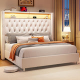 Bed Frame with LED Lights and Charging Station, Velvet Tall Upholstered Platform Bed