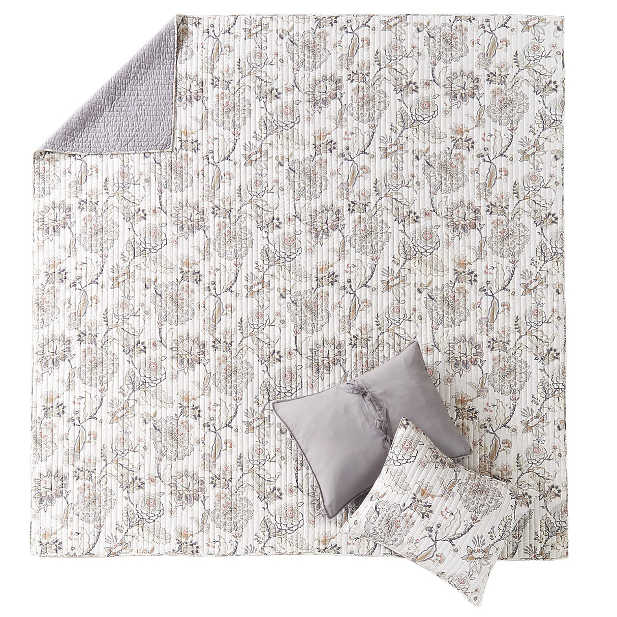 Ophelia Quilt Set - Full/Queen Quilt and Two Standard Shams - Floral - Taupe Grey Cream Blush