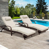 Outdoor Lounge Chairs Set of 2 Beach Wicker Chaise Lounge with Wheels, Cushion