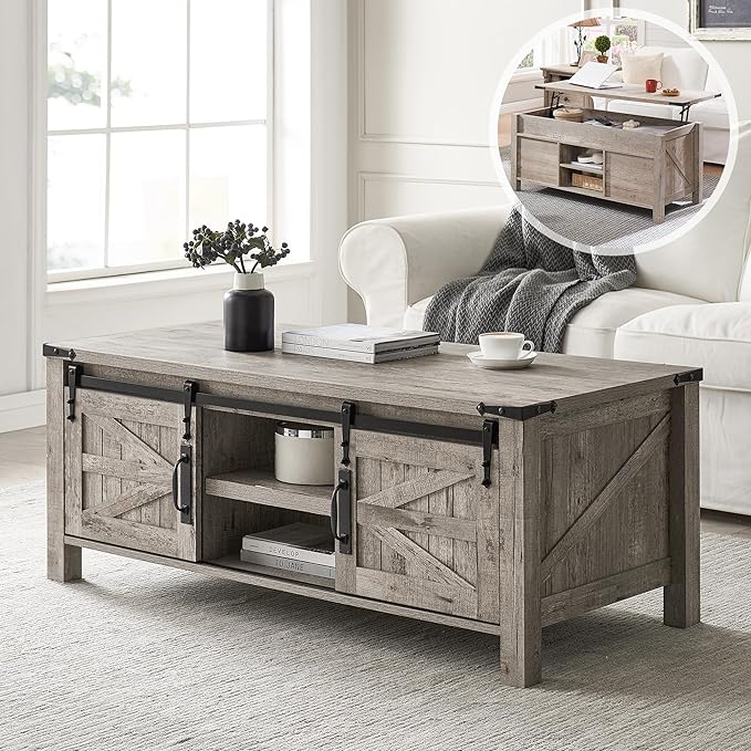 48" Farmhouse Lift Top Coffee Table with Sliding Barn Door,Rustic Center Table