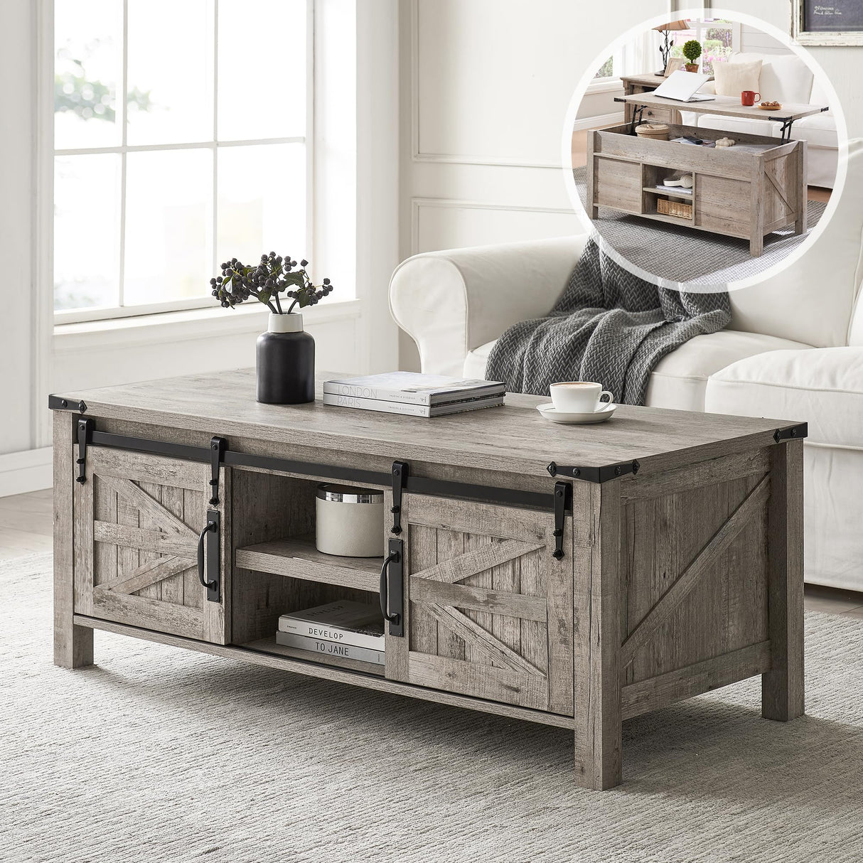 48" Farmhouse Lift Top Coffee Table with Sliding Barn Door,Rustic Center Table