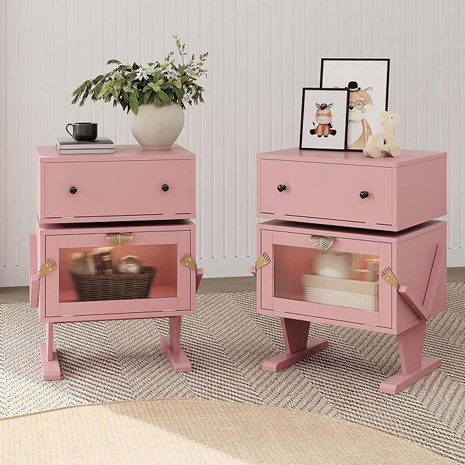 Nightstands Set of 2 with LED Light Strips, Pink End Table with 360° Rotating Drawer