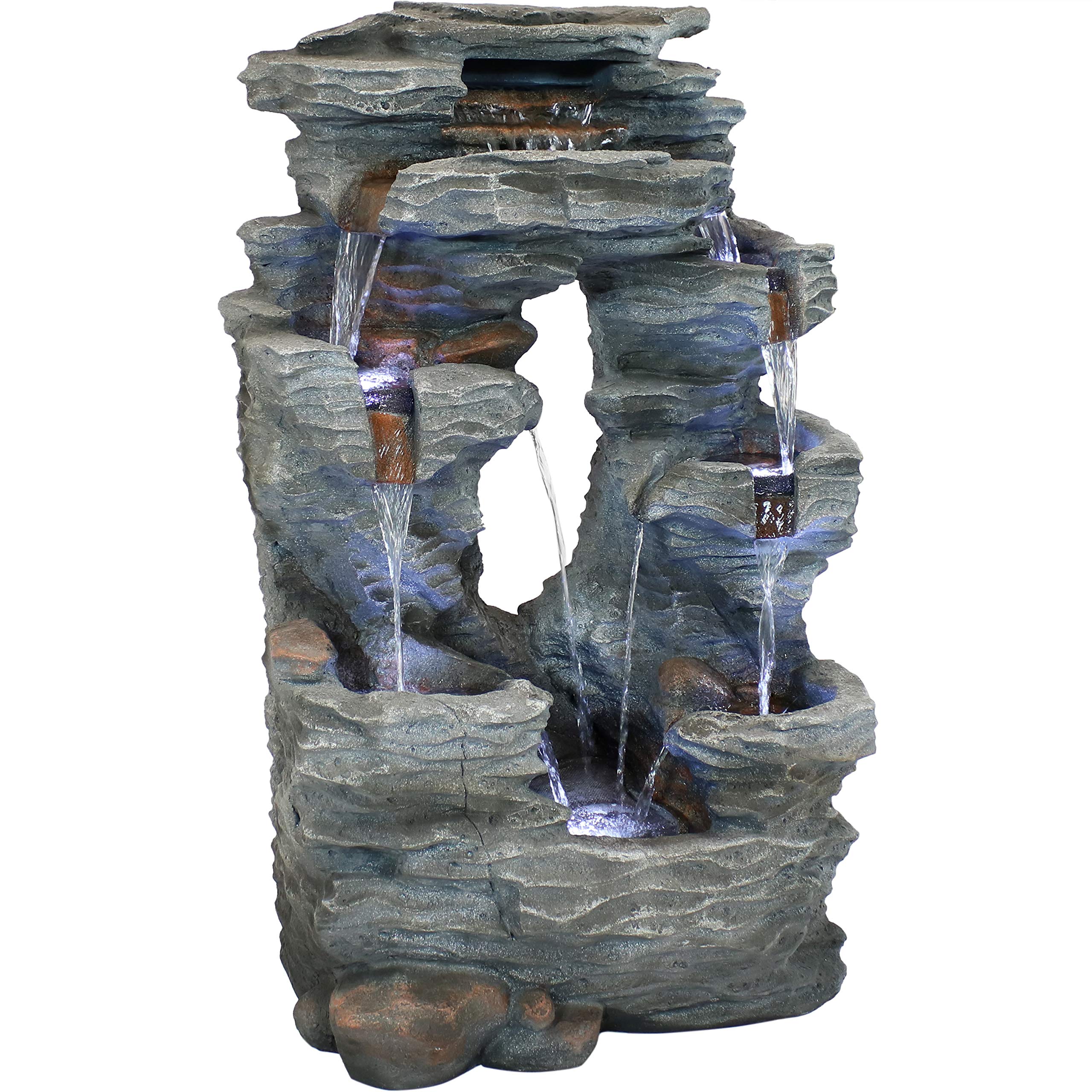 Dual Cascading Rock Falls 39-Inch Outdoor Water Fountain with LED Lights