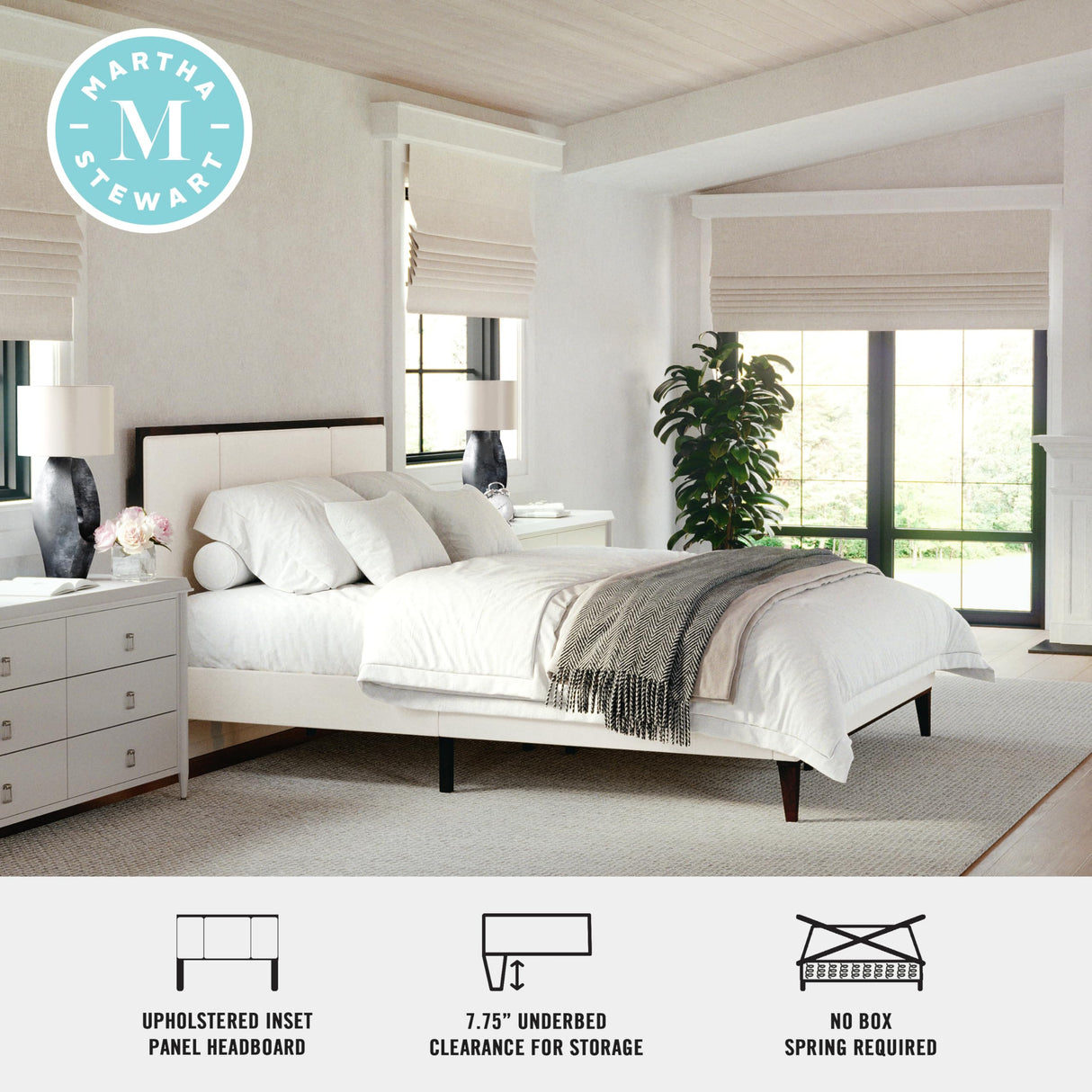 Jett Platform Bed with Headboard, Fabric Upholstered Inset Headboard and Base, Solid