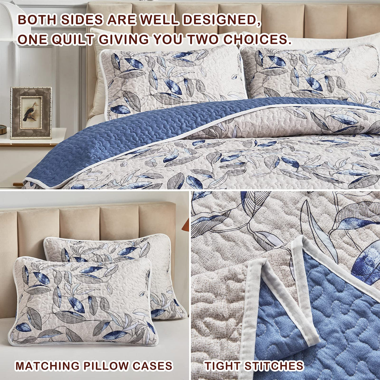 2 Pieces Microfiber Quilt Set, Botanical Blue Leaves on Light Gray Reversible)