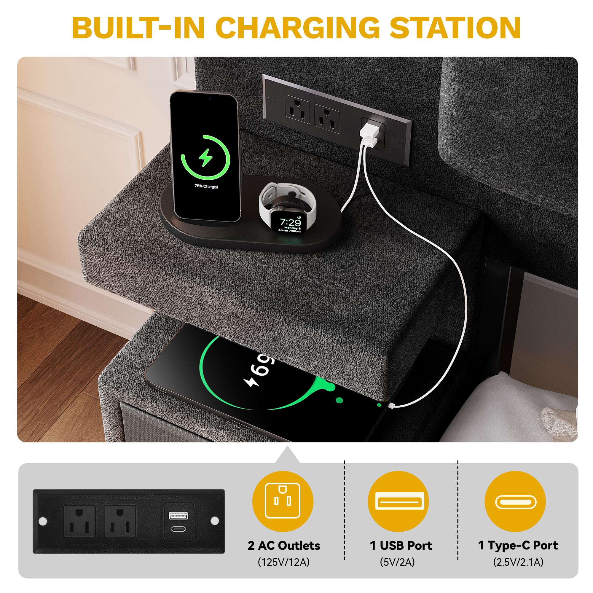 Queen Bed Frame with LED Lights and Charging Station