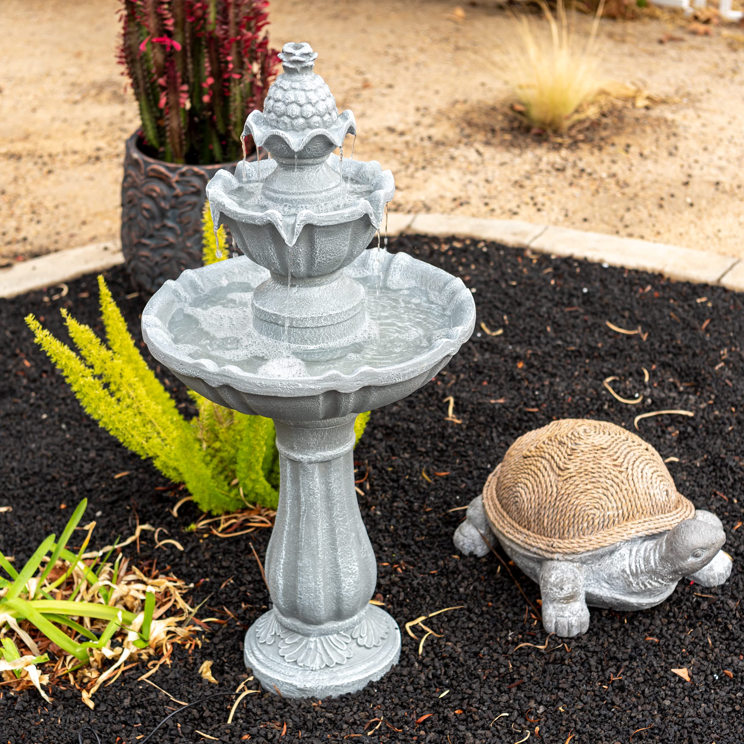 36.2" Solar Water Fountain, 2-Tier, Grey Resin, Outdoor