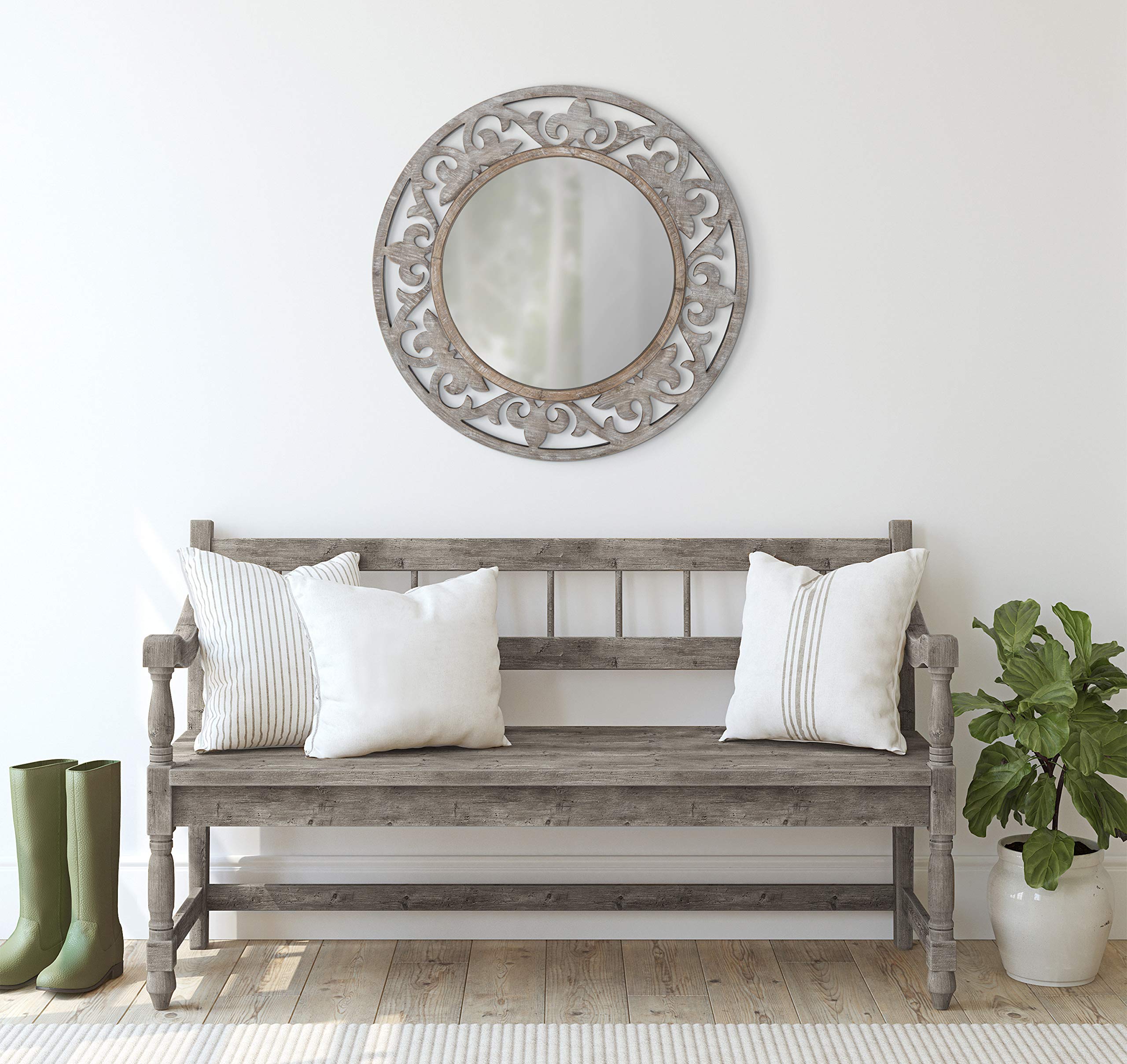 Shovali Rustic Round Mirror, 31.5 Diameter, Rustic Whitewash, Ornate Wood-Carved Frame
