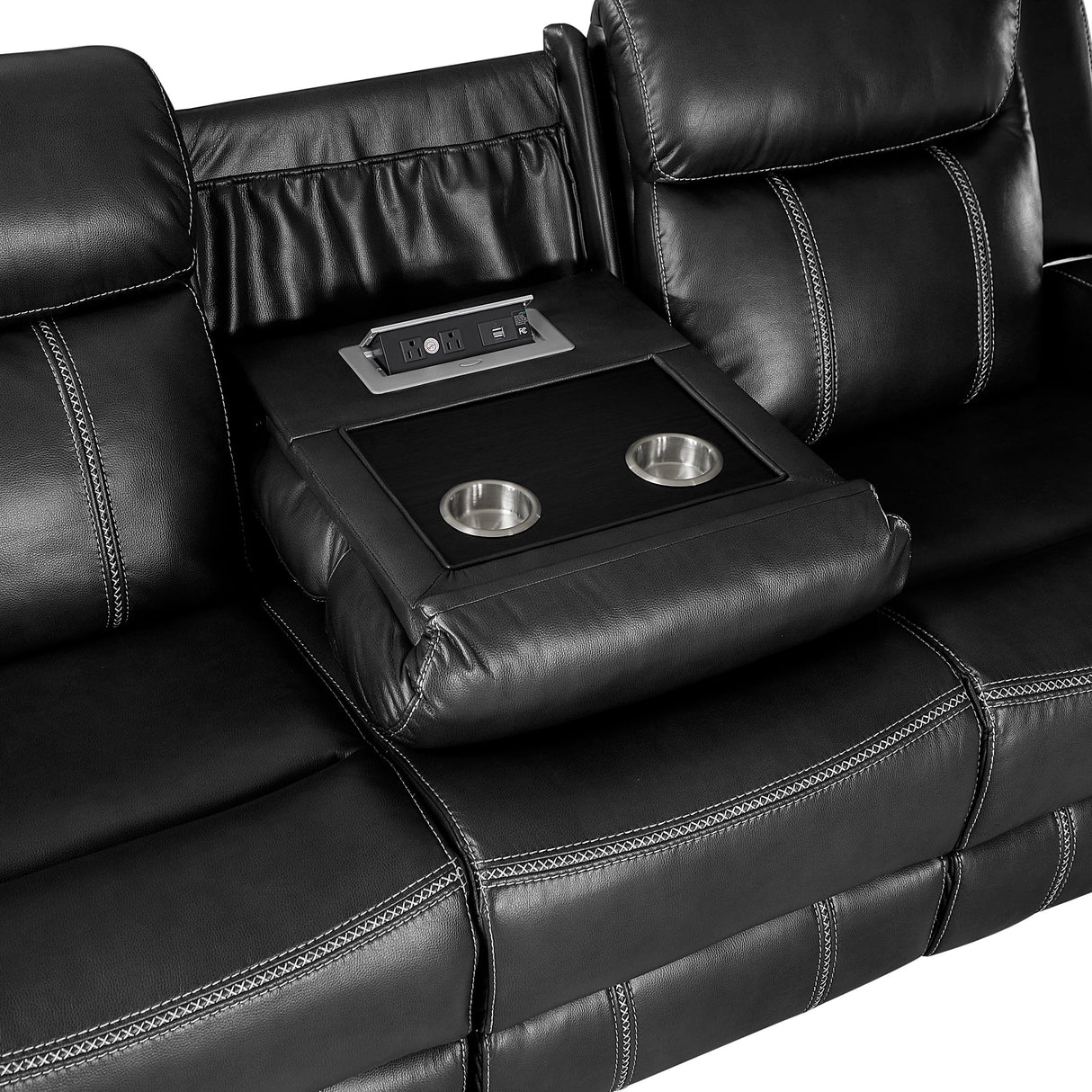 Double Recliner Sofa, Faux Leather Reclining Sofa With Center Drop-Down Cup Holders,