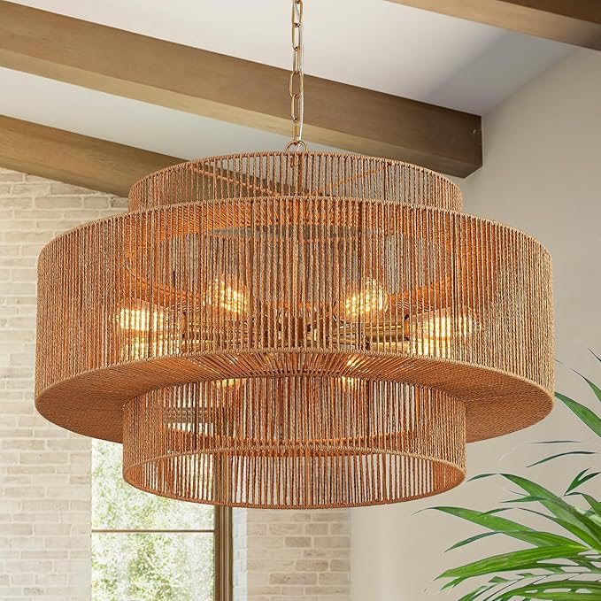 Widluth Hand-Woven Rattan Chandelier Vintage 6-Light Farmhouse Boho Bamboo Chandeliers Light Fixture 23.6" Retro 3-Tier Drum Wicker Rattan Black Chandelier for Dining Room, Kitchen Island, Bedroom