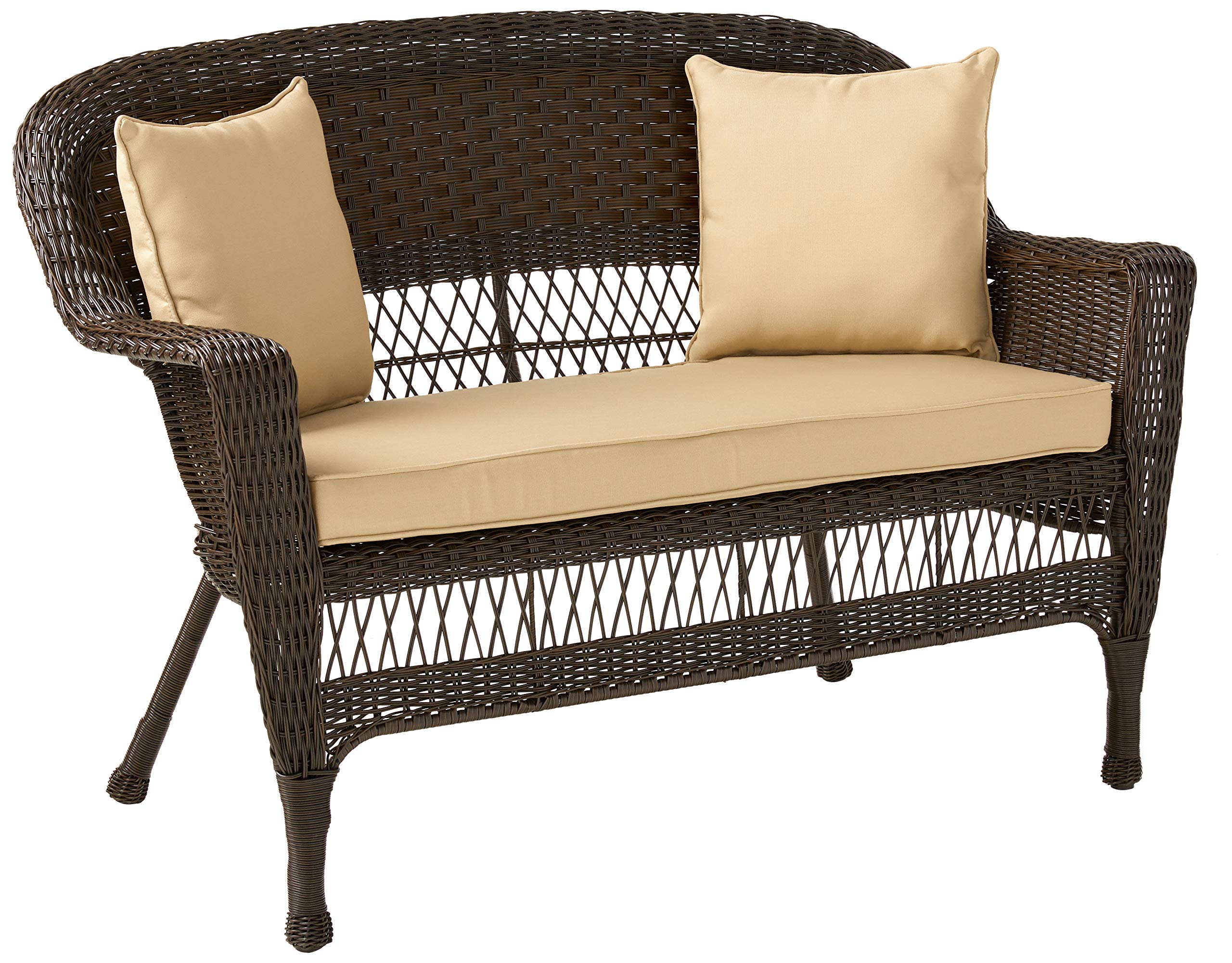 Wicker Patio Love Seat and Coffee Table Set with Tan Cushion, Espresso