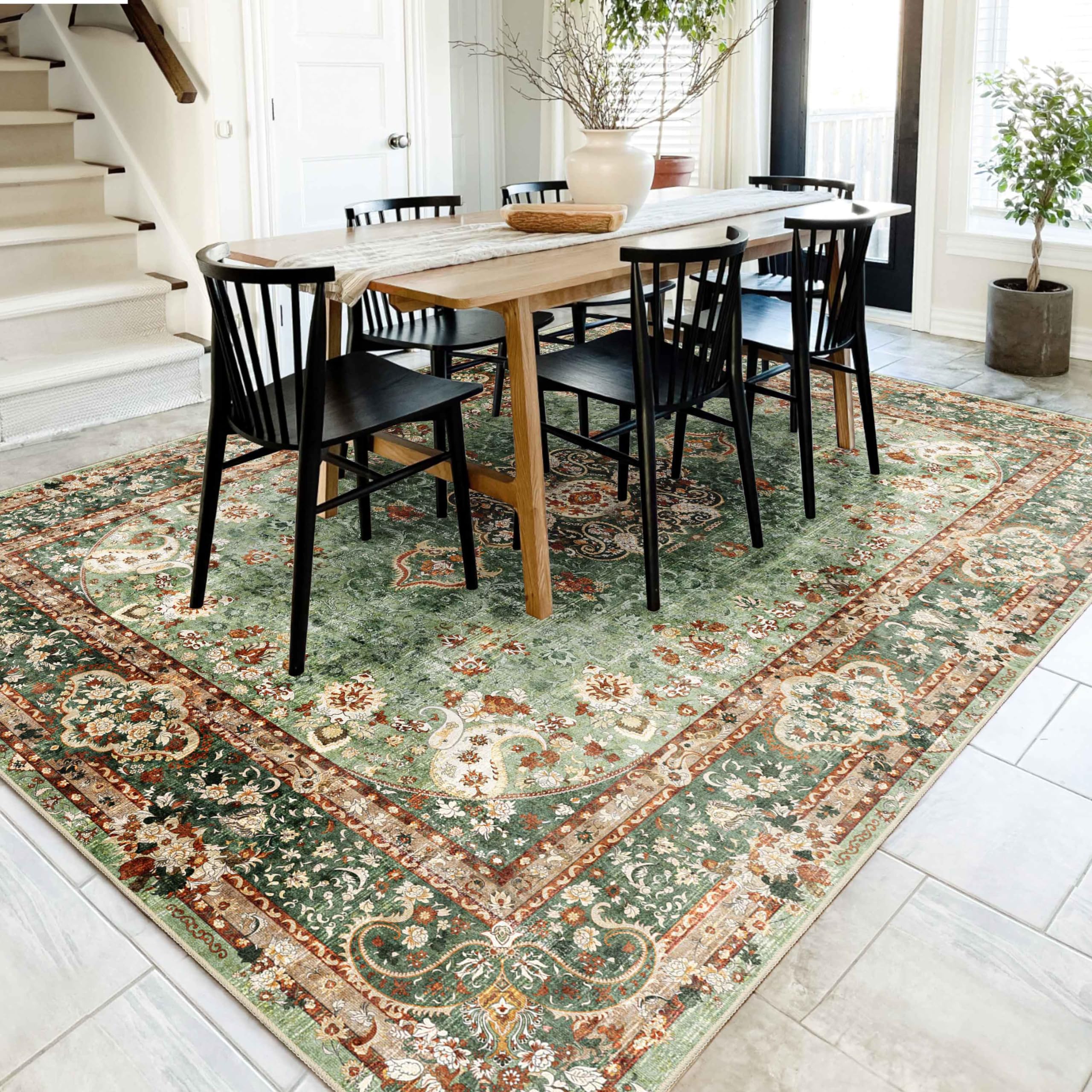 8x10 Area Rugs Washable,Green Rug for Living Room Bedroom Dining Room,Large Boho