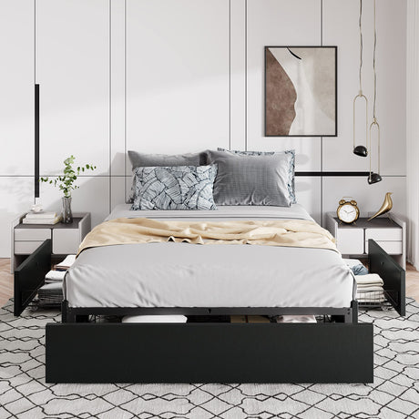 Queen Size Platform Bed Frame with 3 Storage Drawers, Faux Leather Upholstered