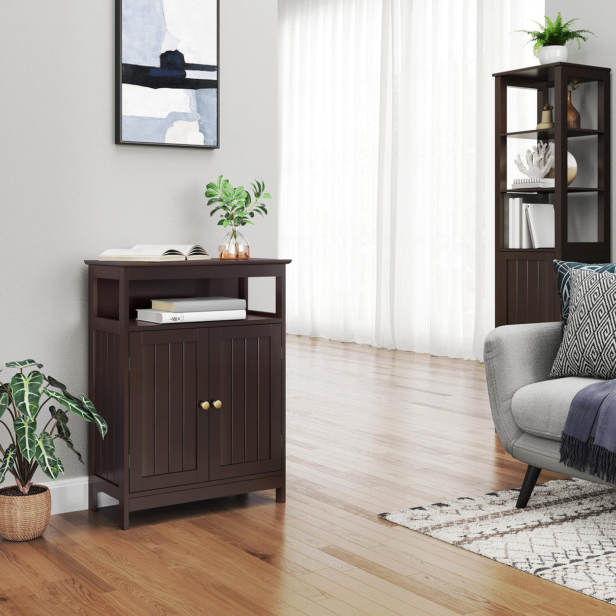 Wood Floor Cabinet with Durable Doors and Adjustable Shelves, Inside Wooden