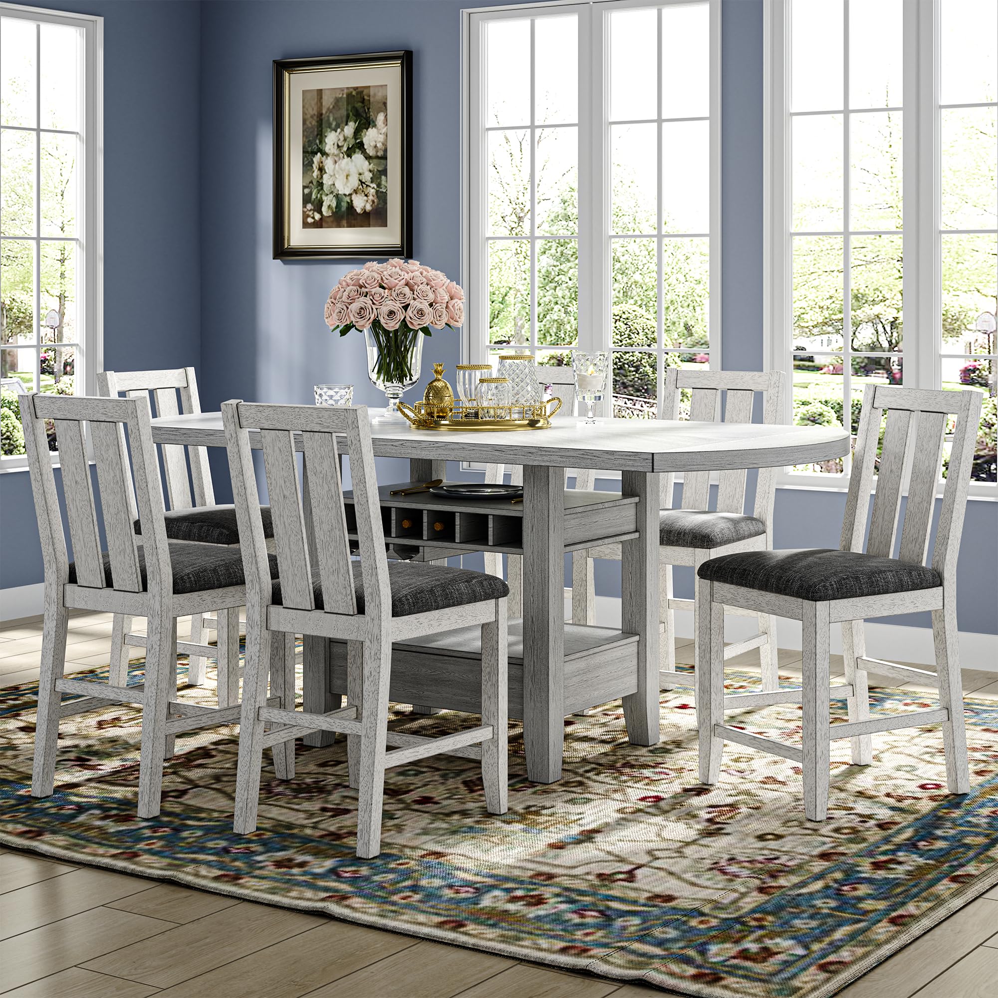 Solid Wood Dining Table Set for 6 with Expandable Drop Leaf