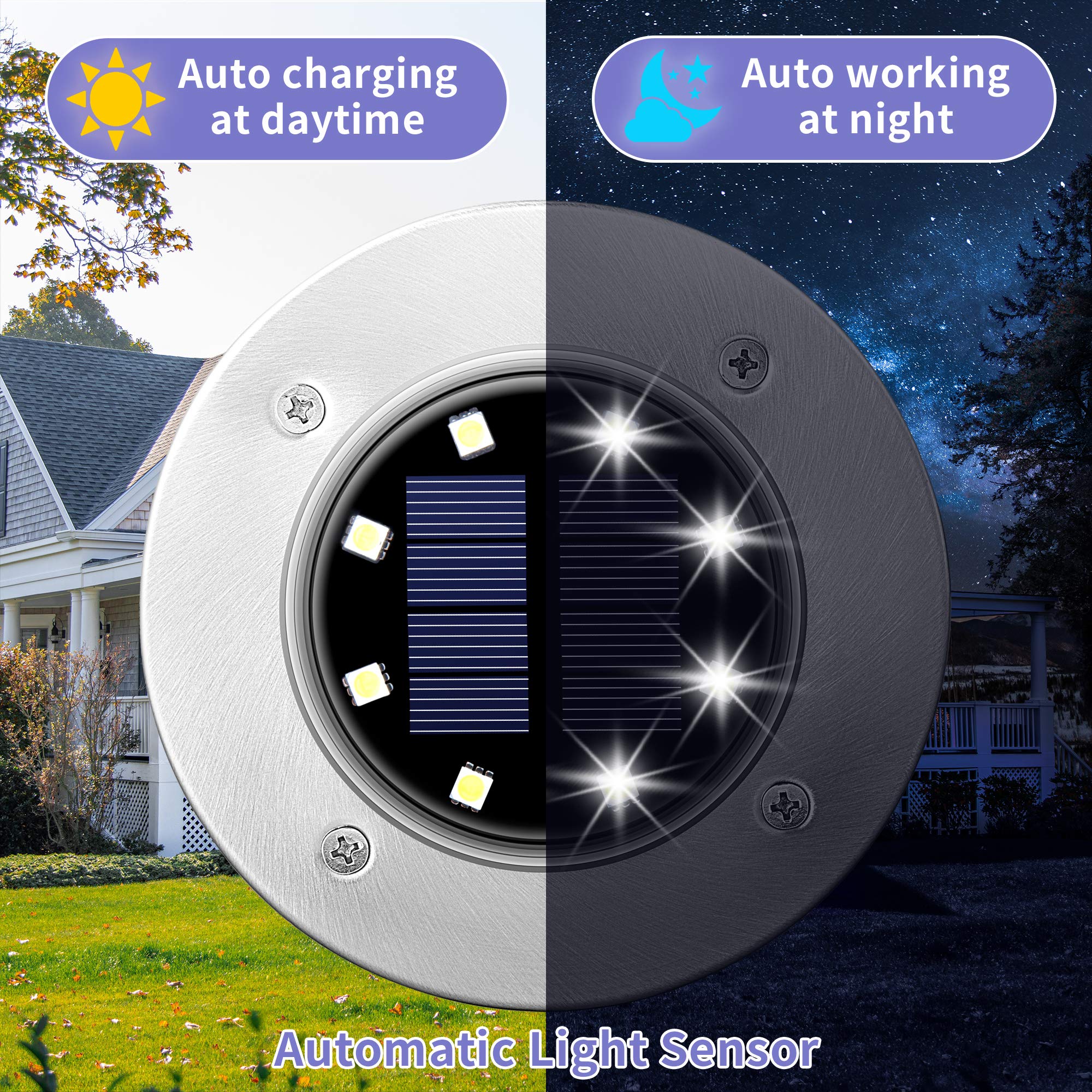 12 Pack Solar Ground Lights Outdoor, Waterproof 8 LED Solar Powered Disk Lights