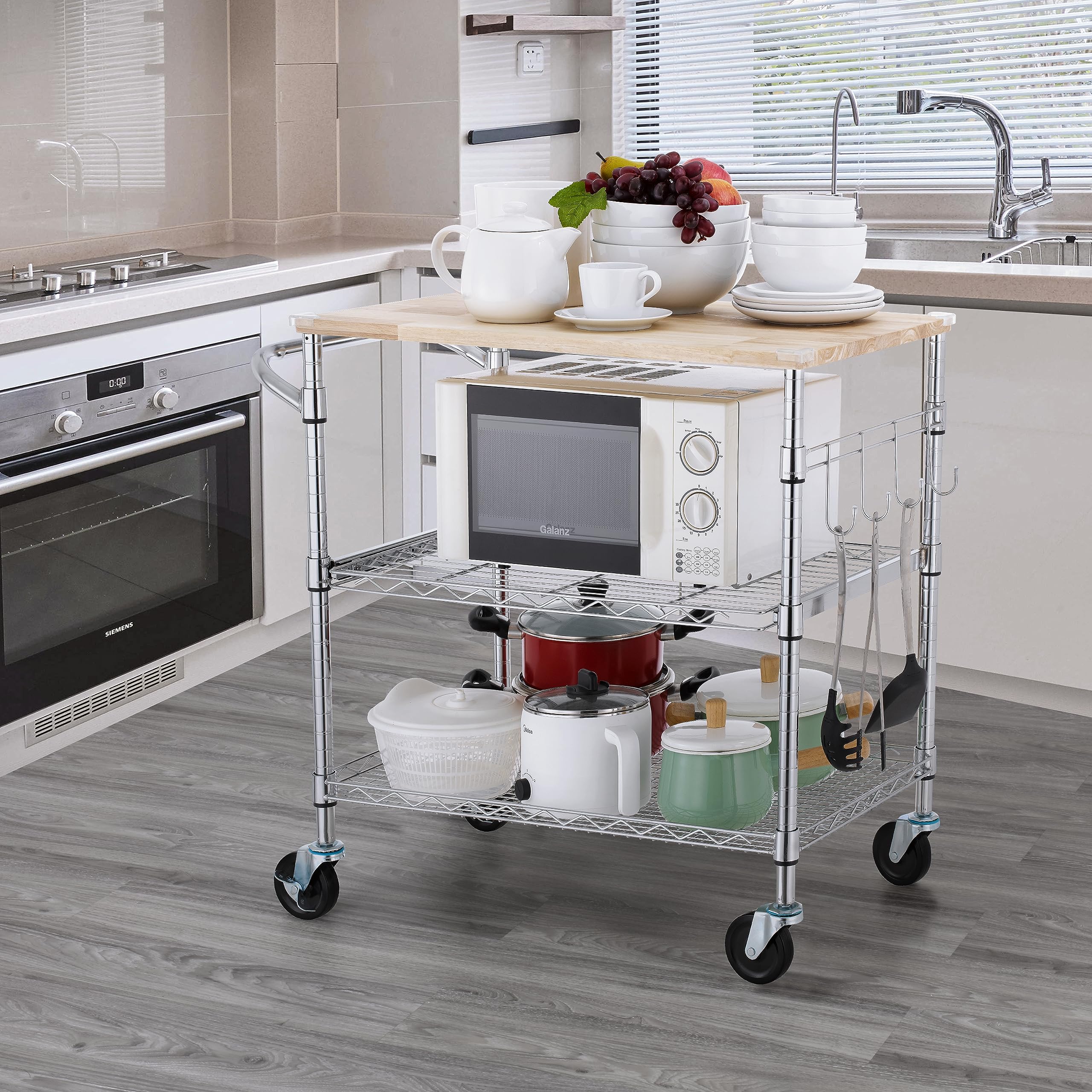 3-Tier Rolling Kitchen Cart with 18" D x 30" W Oak Wood Tabletop, Kitchen Island Cart