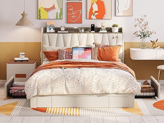 Queen Bed Frame with 3 Drawers, Upholstered Platform Bed with Storage Headboard