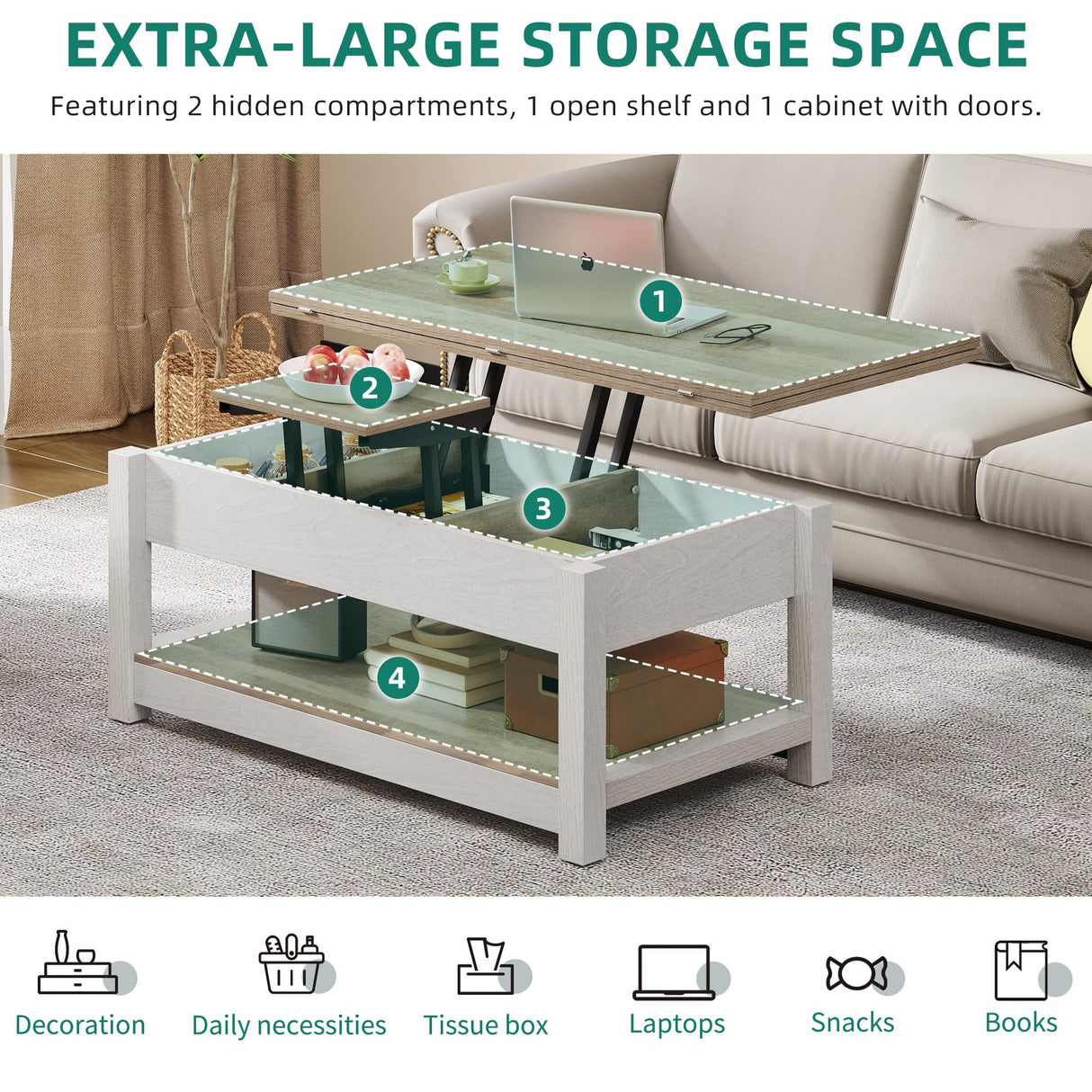 Lift Top Coffee Table, 3 in 1 Multi-Function Coffee Tables with Storage for Living Room