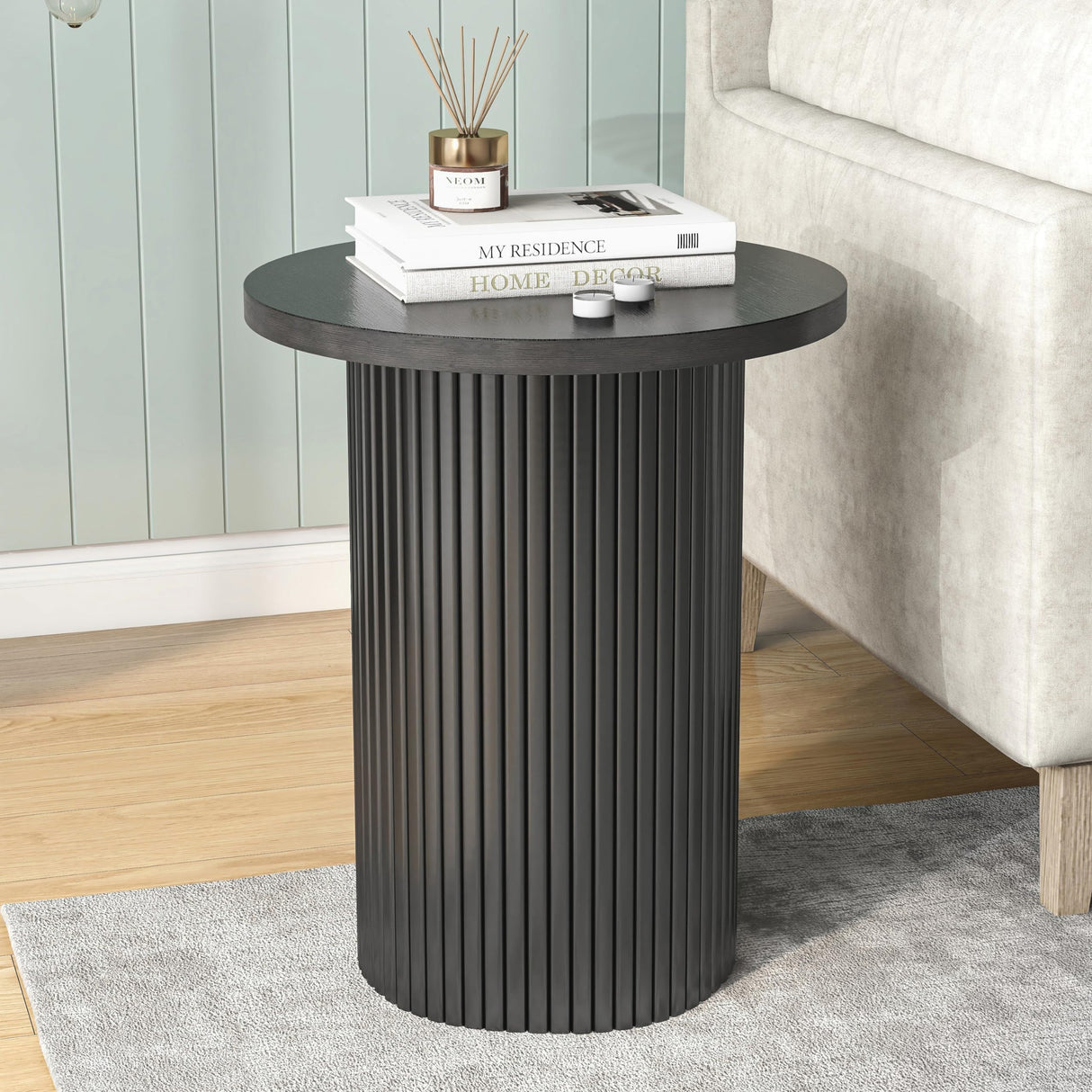 Black Side Tables Living Room, Modern Drum End Table, 18 inch Wide Black Accent Table,