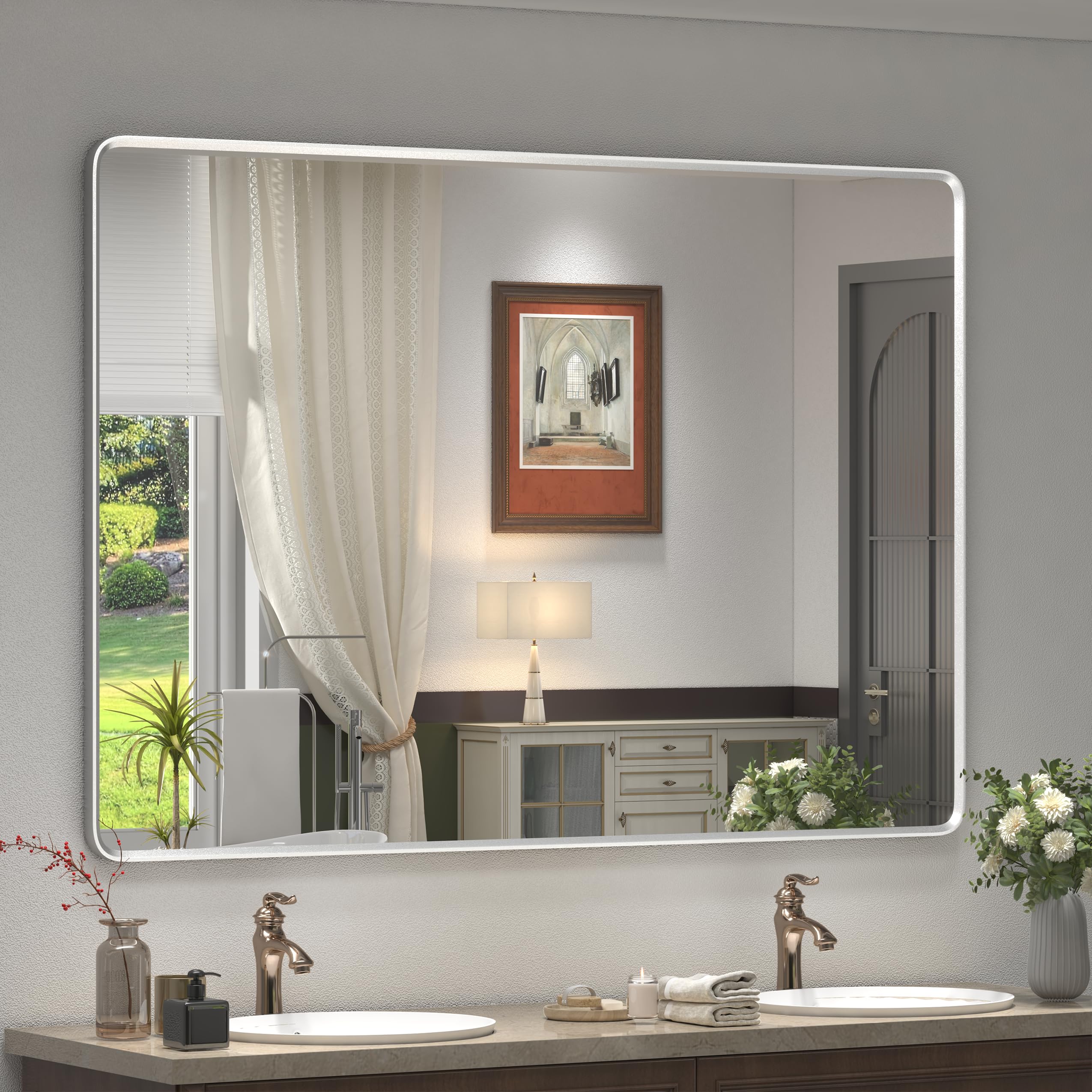 48x30 Inch Silver Bathroom Mirror - Rounded Rectangle Vanity Mirror