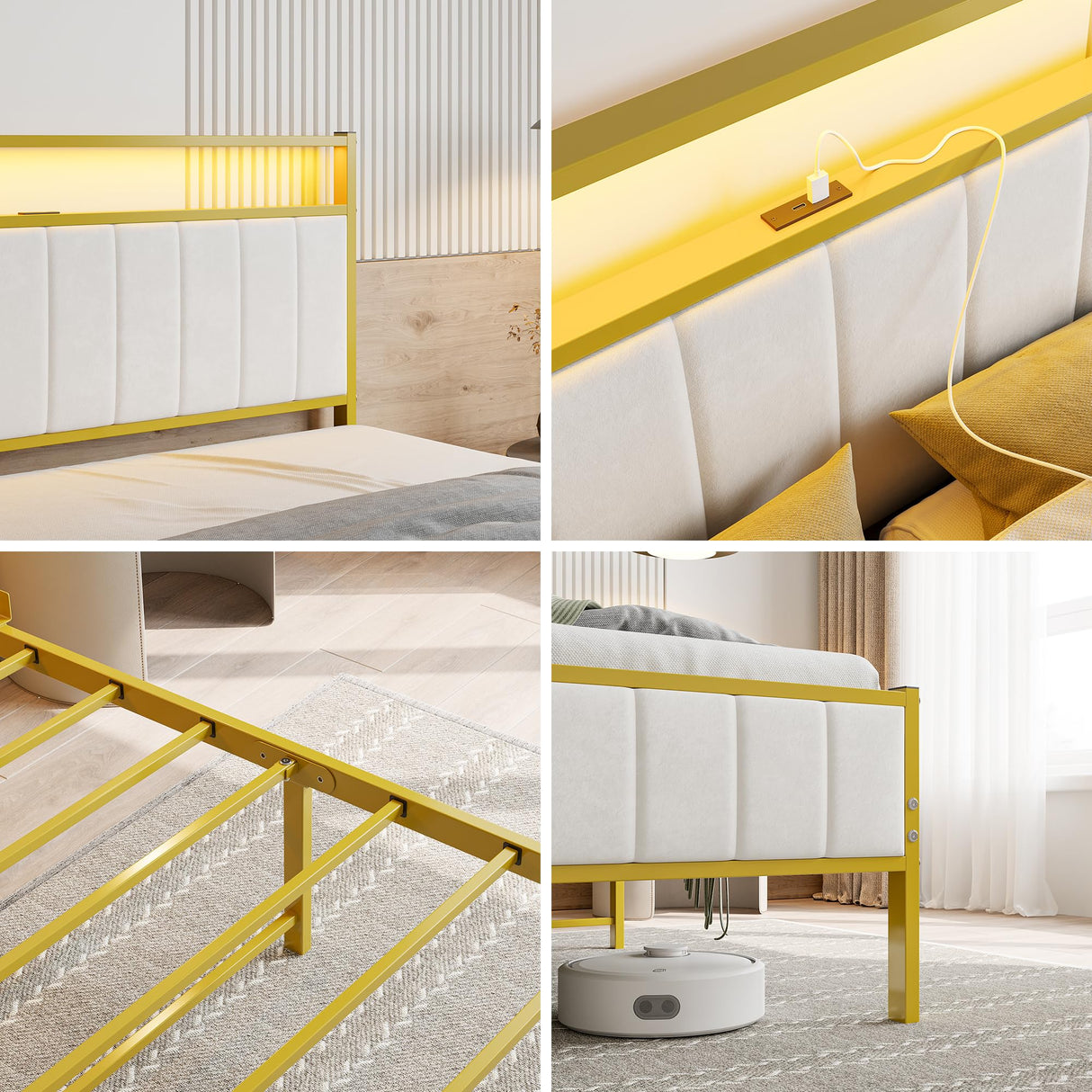 Full Size Bed Frame with Headboard & LED Lights,Upholstered Platform Bed Frame Full Size with Charging Station