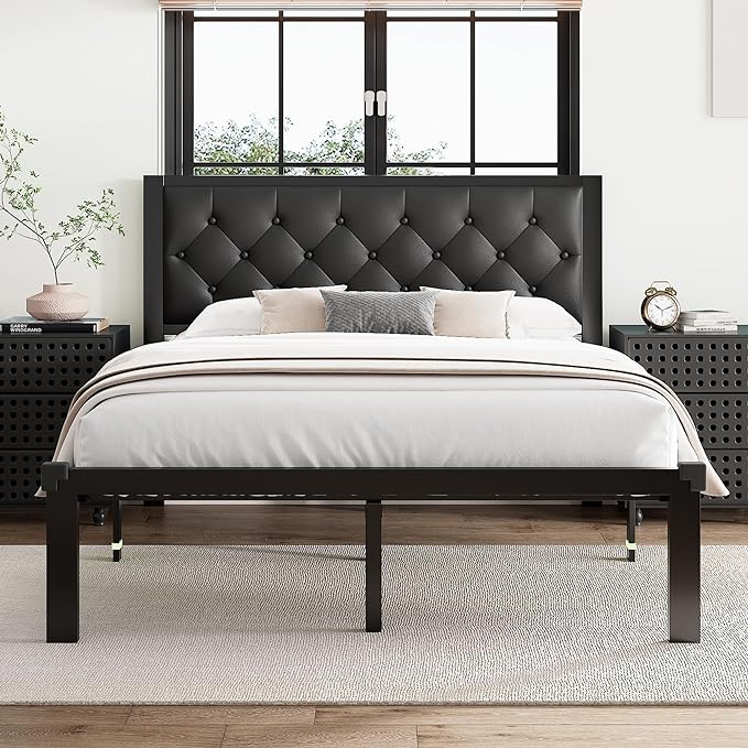 Queen Bed Frame, Metal Platform Bed Frame with Button Tufted Linen Upholstered Headboard,