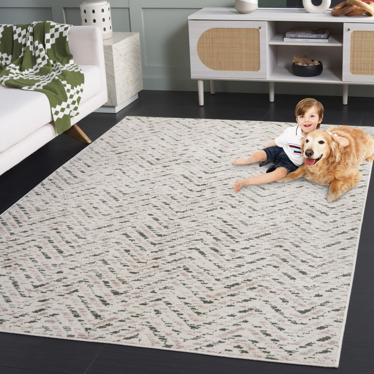 Adirondack Collection Area Rug - 9' x 12', Ivory & Dark Green, Transitional Design