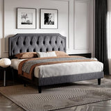 King Size Upholstered Platform Bed with Curved Rhombic Button Tufted Headboard