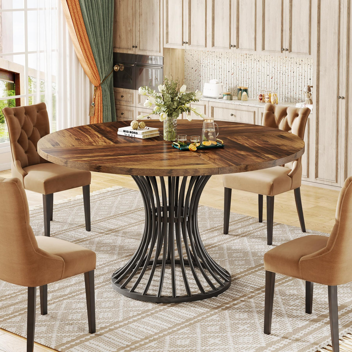 Round Dining Table for 4-6 People, 47-Inch Farmhouse Dinning Room Table Circle Kitchen Table