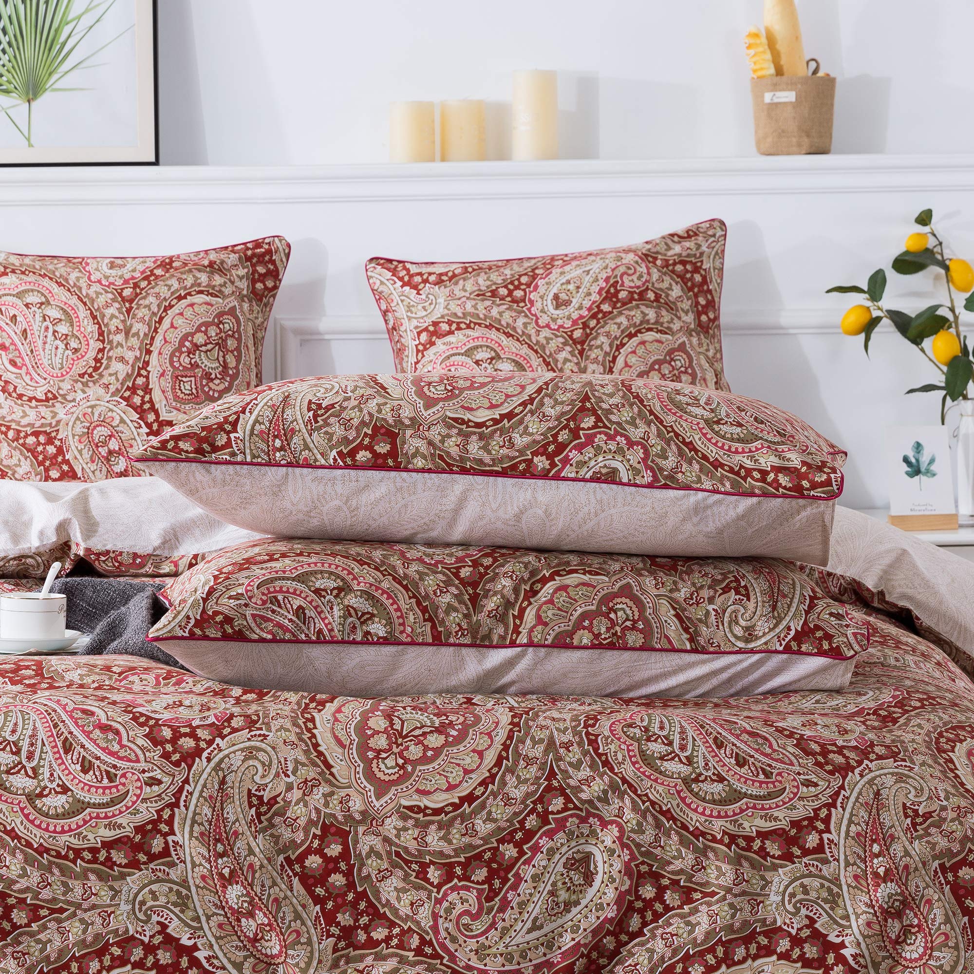 Paisley Duvet Cover Set Queen Red and Beige Reversible Paisley Floral Bedding 100%