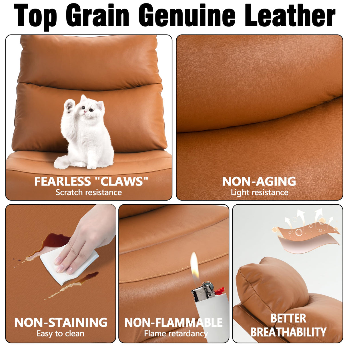 Top Grain Genuine Leather Power Recliner Chair with USB Ports, 33.5" Extra Wide Seat