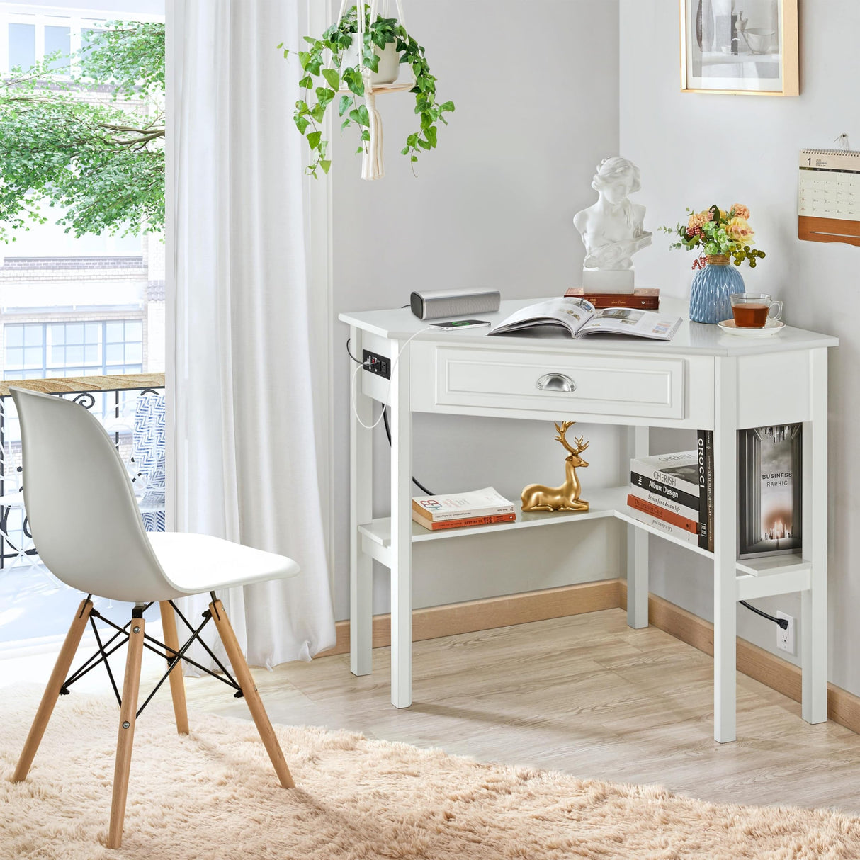 L Shaped Corner Computer Desk with Power Outlets, Reversible Triangle Workstation