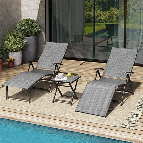 3PCS Outdoor Chaise Lounge & Table Set, Textiline Folding Chaise with Side Table,