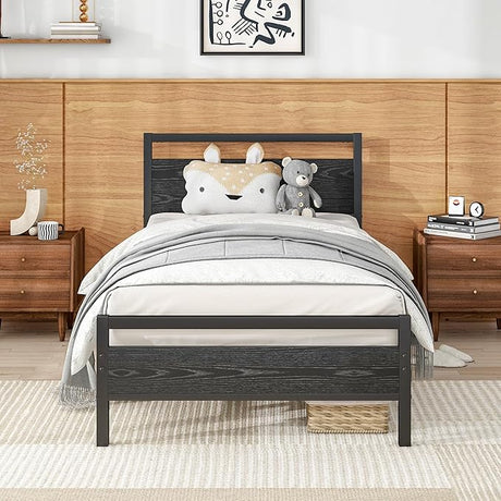 Black Queen Size Bed Frames with Wood Headboard,Heavy Duty Platform Bed Frame