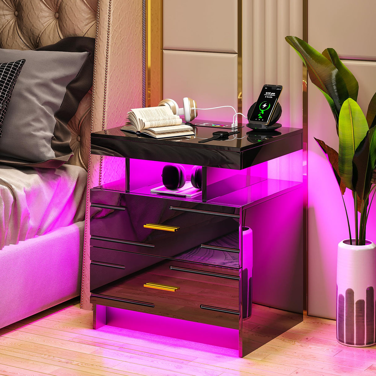 LED Nightstand Set of 2, Modern Night Stand with Wireless Charging Station, High Gloss