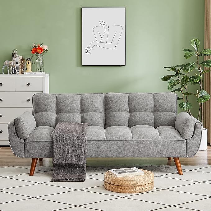 Velvet Futon Sofa Bed with 5 Golden Metal Legs, 2 Seater Loveseat Sleeper Couch with Nail Head Trim and Two Pillows, Convertible Sofa & Couches for Living Room and Bedroom,Small Space