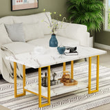 Marble Coffee Table, Faux Marble Top Rectangular Coffee Table with Gold Metal Frame