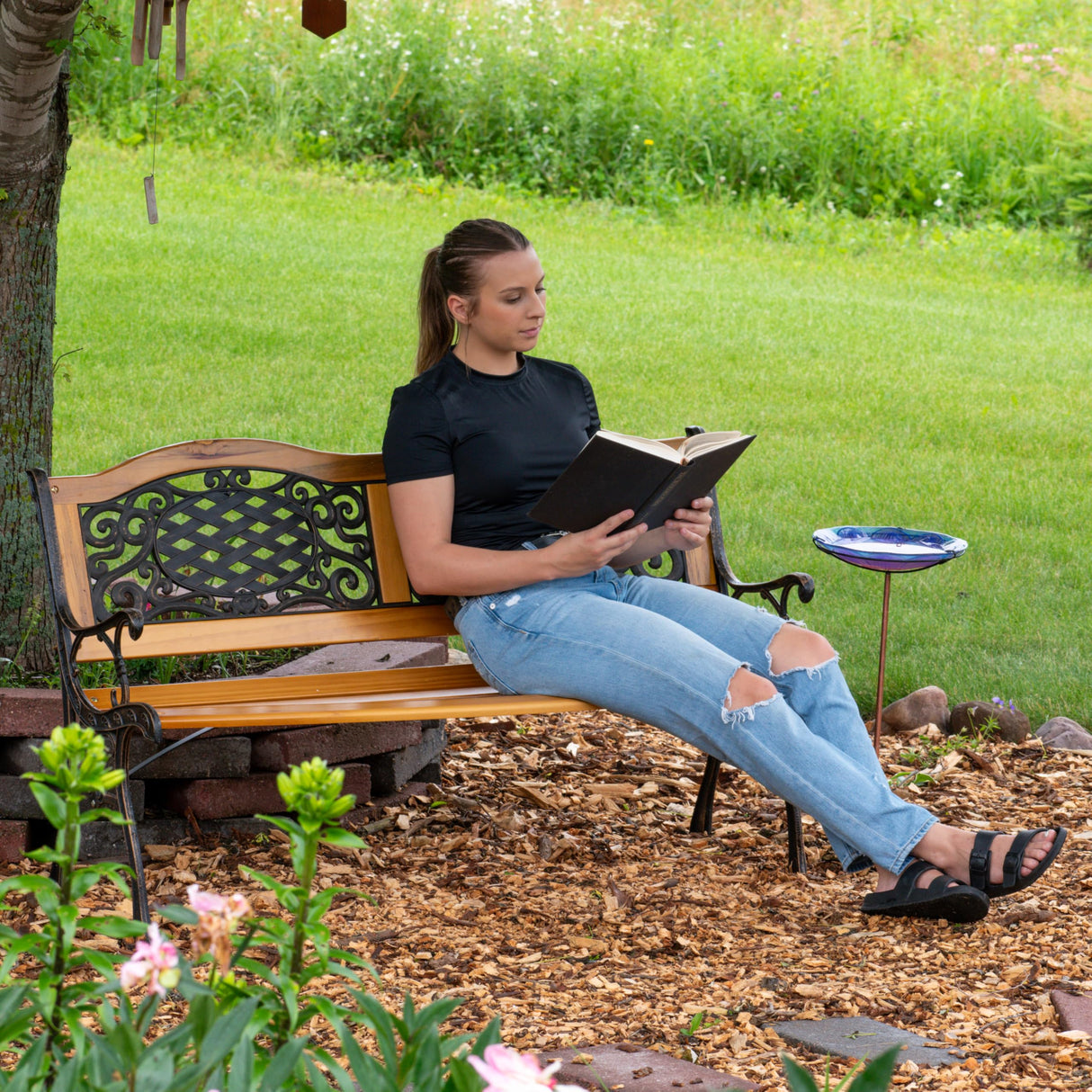 49-Inch Cast Iron and Wood 2-Person Garden Bench with Ivy Crossweave Design